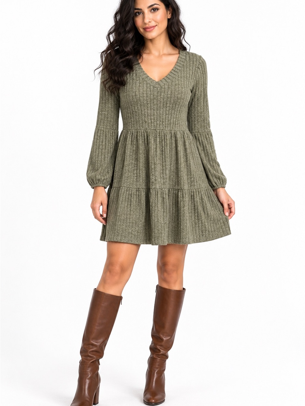 V-Neck Long Sleeve Tiered Knit Dress - Olive Green